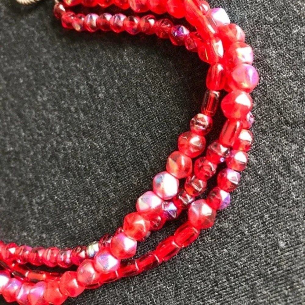 Vintage Handmade Triple Strand Red Aurora Borealis Czech Glass Sterling Clasp